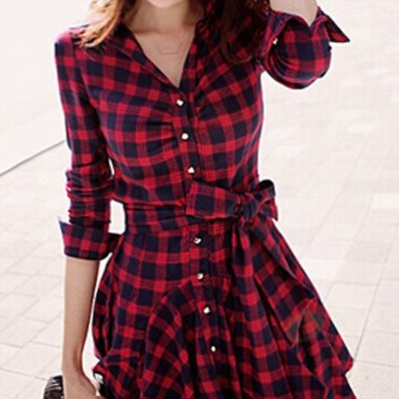 gamiss Dresses & Skirts - Red plaid tartan mini dress tunic top